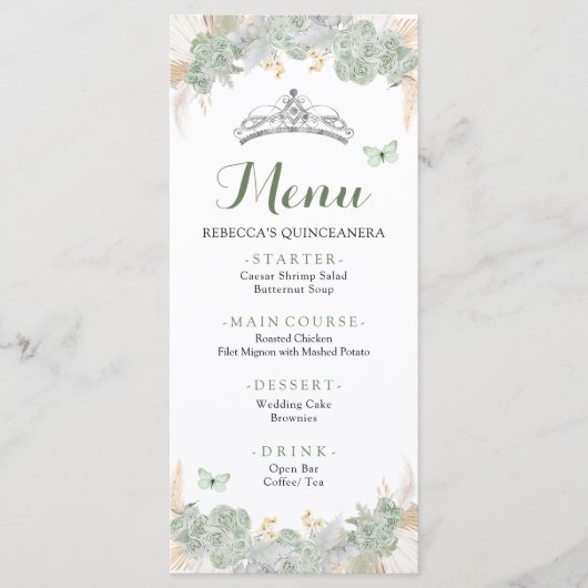 Boho Sage Groene Rozen Royal Quinceañera Menu (Voorkant)