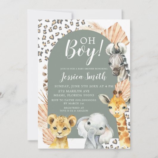 Boho Sage Groene Safari Oh Boy Baby shower Kaart (Voorkant)