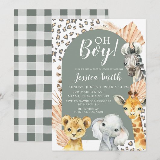 Boho Sage Groene Safari Oh Boy Baby shower Kaart (Voorkant / Achterkant)