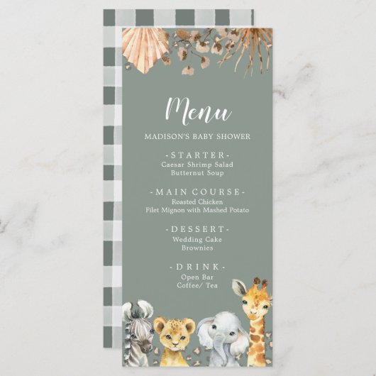 Boho Sage Groene Safari Oh Boy Baby shower Menu (Voorkant / Achterkant)