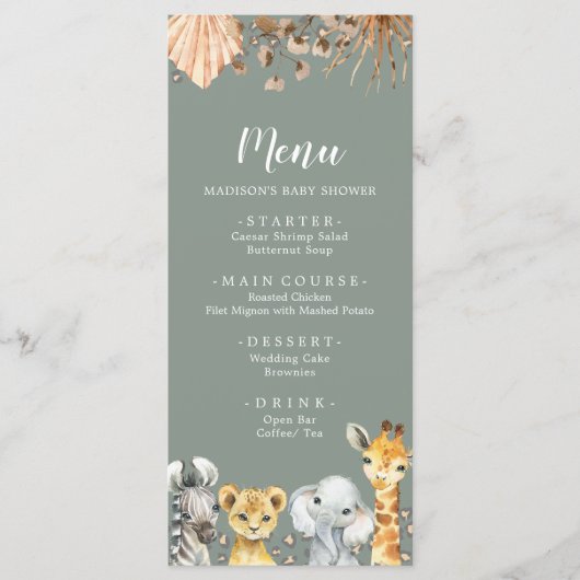 Boho Sage Groene Safari Oh Boy Baby shower Menu (Voorkant)