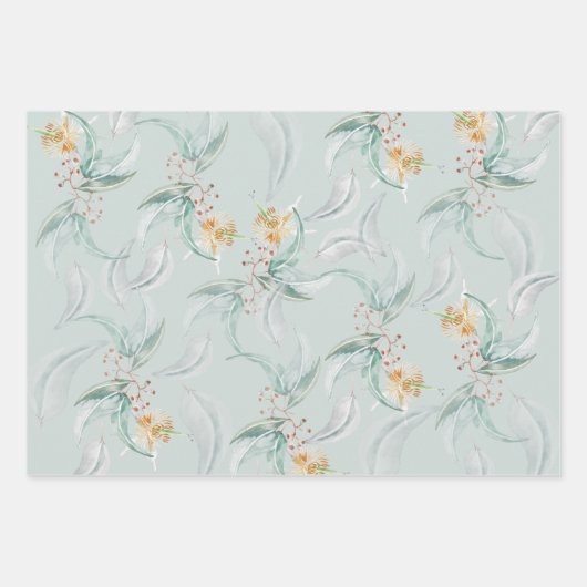 Boho Sage Groene Waterverf Bloeiende Eucalyptus Inpakpapier Vel (Voorkant)