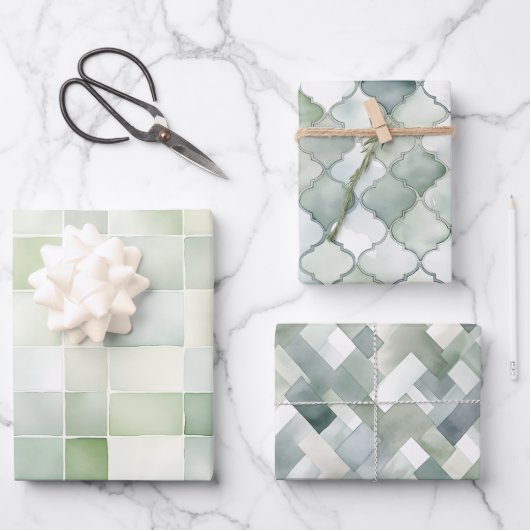 Boho Sage Groene Waterverf geometrische patronen Inpakpapier Vel (Voorkant)