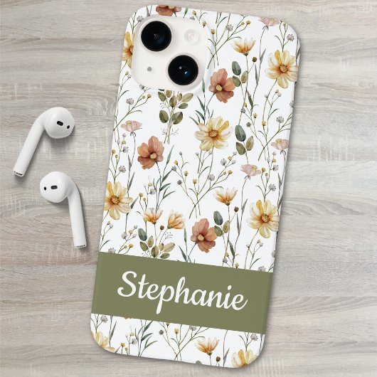 Boho Sage Groene Waterverf Wilde Bloem Naam Case-Mate iPhone Case