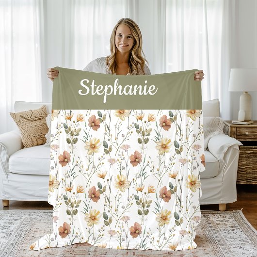 Boho Sage Groene Waterverf Wilde Bloem Naam Fleece Deken
