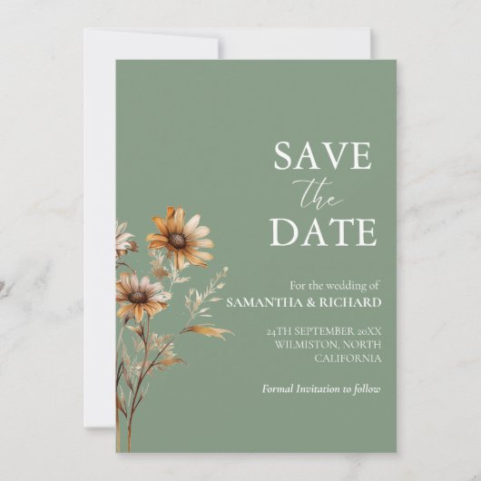 Boho sage Groene Wildbloem Bruiloft Save The Date Kaart (Voorkant)
