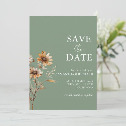 Boho sage Groene Wildbloem Bruiloft Save The Date Kaart (Staand voorkant)