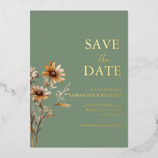 Boho Sage Groene wilde bloem bruiloft opslaan van  Folie Uitnodiging (Voorkant)