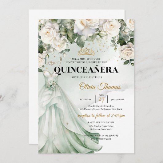 Boho Sage Jurk & Witte Rozen Groen en Goud Kaart (Voorkant / Achterkant)