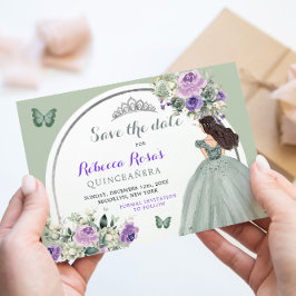 Boho Sage Paarse Bloemen Quinceañera Save The Date Kaart