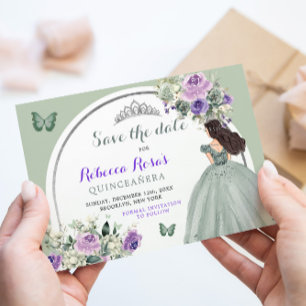 Boho Sage Paarse Bloemen Quinceañera Save The Date Kaart