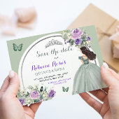Boho Sage Paarse Bloemen Quinceañera Save The Date Kaart