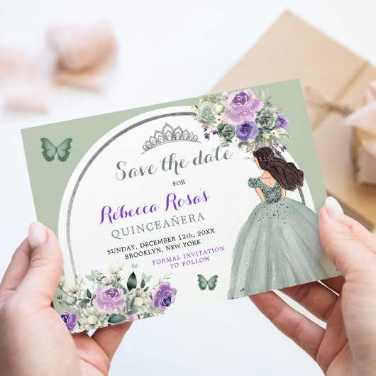 Boho Sage Paarse Bloemen Quinceañera Save The Date Kaart