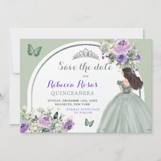 Boho Sage Paarse Bloemen Quinceañera Save The Date Kaart (Voorkant)