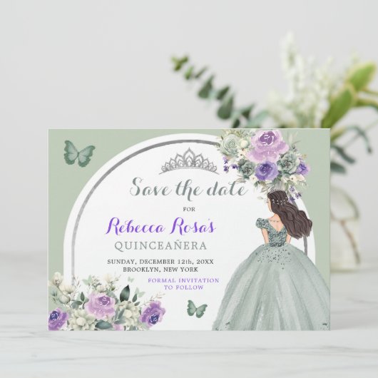 Boho Sage Paarse Bloemen Quinceañera Save The Date Kaart (Staand voorkant)