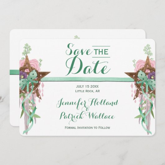Boho Sage & Pink Wicca Pentacle Handfasting Save The Date (Voorkant / Achterkant)