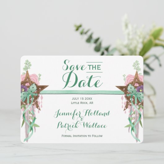 Boho Sage & Pink Wicca Pentacle Handfasting Save The Date (Staand voorkant)