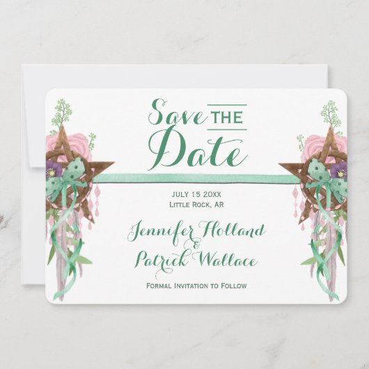 Boho Sage & Pink Wicca Pentacle Handfasting Save The Date (Voorkant)