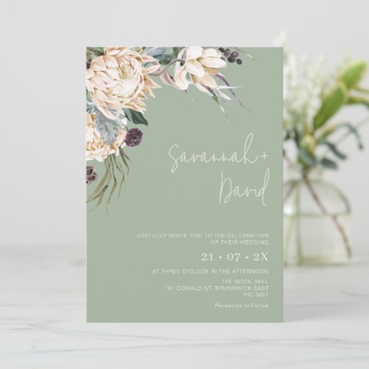 Boho Sage Witte Protea Pampas Gras Bruiloft Kaart (Staand voorkant)