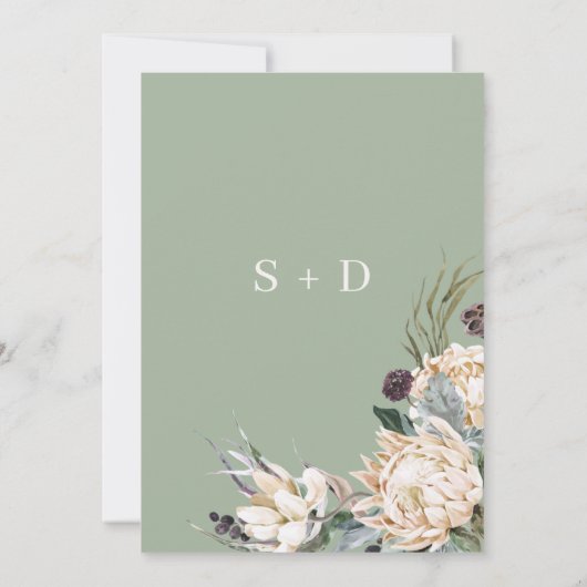 Boho Sage Witte Protea Pampas Gras Bruiloft Kaart (Achterkant)