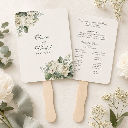 Boho Sagegroene en Ivoor Bloemen Trouwprogramma Handwaaier