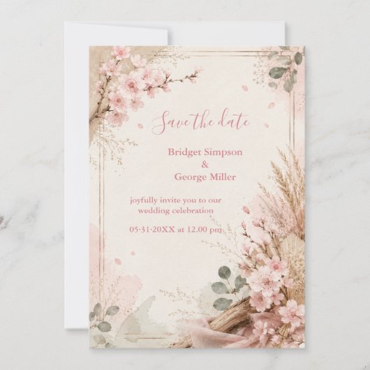 Boho Sakura Landelijke Trouwbloemen Kaart (Voorkant)