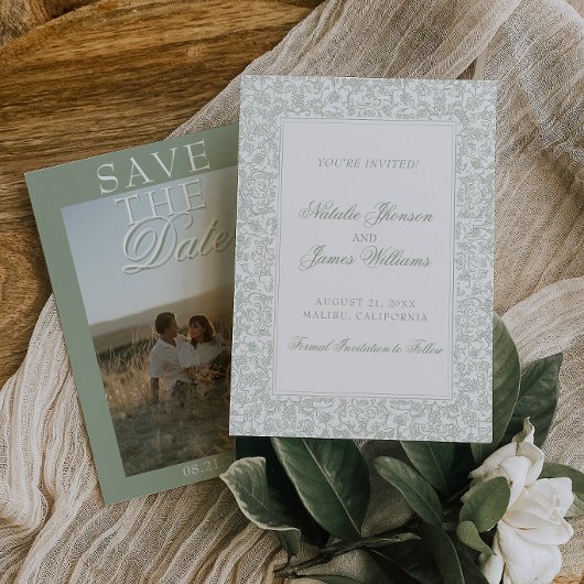 Boho Salie Groen Bloemstuk Moderne Foto Bruiloft Save The Date