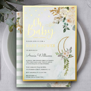 Boho Salie Groen Ivoor Bloemstuk Maan Baby Shower Folie Uitnodiging