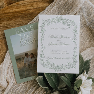 Boho Salie Groene Bloemen Foto Bruiloft Save The Date