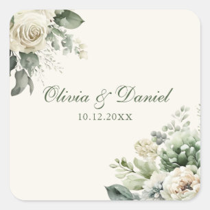 Boho Salie Groene en Ivoor Bloemen Bruiloft Vierkante Sticker