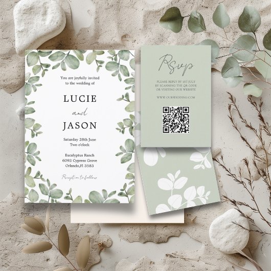 Boho Salie Groene Eucalyptus Waterverf Trouwen Kaart