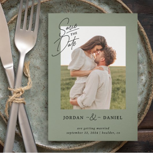 Boho Saliegroen Foto Save The Date Kaart