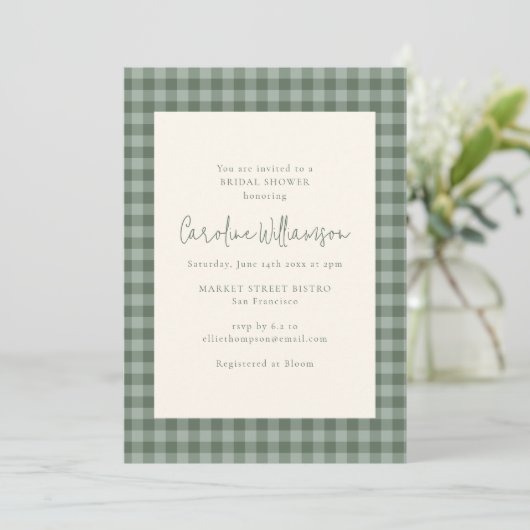 Boho saliegroen geruit bruiloftsfeest kaart (Staand voorkant)