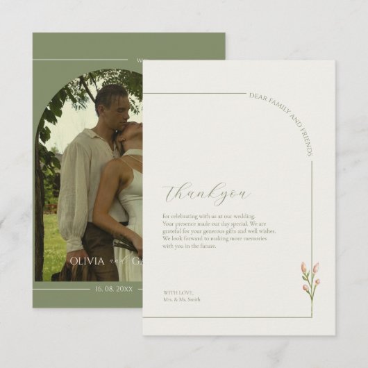 Boho Saliegroene & Linnen Bogen Minimalistische Fo Bedankkaart (Voorkant / Achterkant)