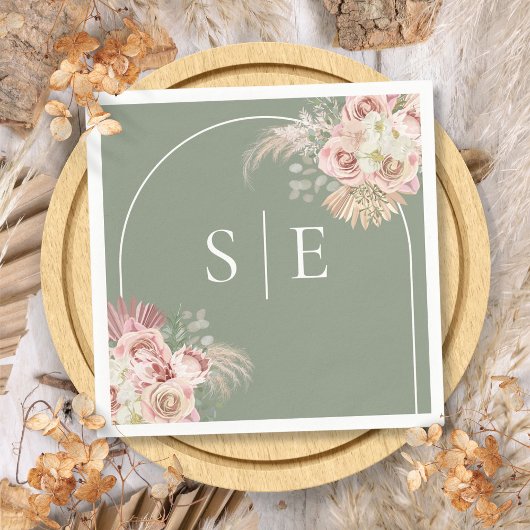 Boho saliegroene Pampasgras Boog Monogram servette Servet