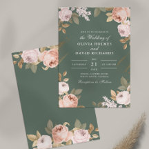 Boho Saliegroene Pioen Rozen Huwelijksuitnodiging