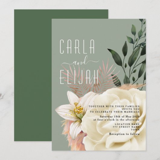 Boho Saliegroene Wilde Bloem Bruiloft Kaart (Voorkant / Achterkant)