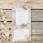 Boho Sand Tan Beach Rustic No Dinner All In One Uitnodiging<br><div class="desc">BESCHIKBAAR MET OF ZONDER EEN QR-CODE OF MET OF ZONDER DINER SELECTION OPTIONS. Dit ontwerp is voorzien van een lijst met de naam tan boho zee grassen, een bruine en bruine schelp, een stoffige blauwe zeester en een zee leven op een zacht bleke, stoffige blauwe achtergrond, die met champagnegoud in...</div>