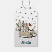 Boho Santa op slee met cadeaus Sneeuwvlokken Naam Cadeaulabel (Voorkant)
