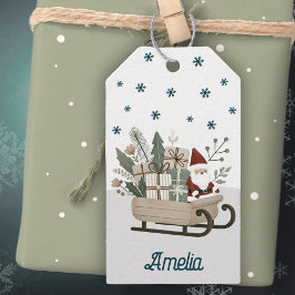 Boho Santa op slee met cadeaus Sneeuwvlokken Naam Cadeaulabel
