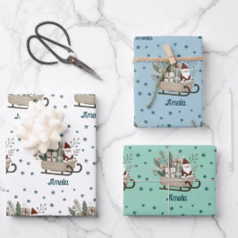 Boho Santa op slee met cadeaus Sneeuwvlokken Naam Inpakpapier Vel