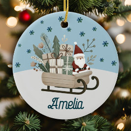 Boho Santa op slee met cadeaus Sneeuwvlokken Naam Keramisch Ornament