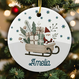 Boho Santa op slee met cadeaus Sneeuwvlokken Naam Keramisch Ornament