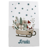 Boho Santa op slee met cadeaus Sneeuwvlokken Naam Medium Cadeauzakje (Voorkant)