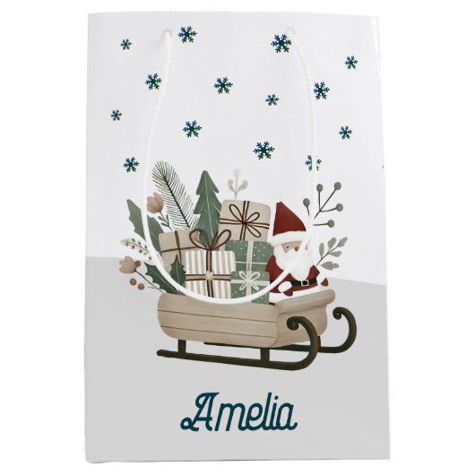 Boho Santa op slee met cadeaus Sneeuwvlokken Naam Medium Cadeauzakje (Voorkant)