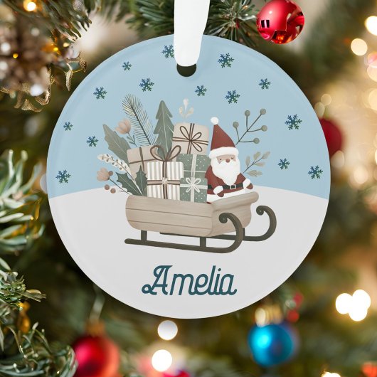 Boho Santa op slee met cadeaus Sneeuwvlokken Naam Ornament