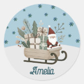 Boho Santa op slee met cadeaus Sneeuwvlokken Naam Ronde Sticker (Voorkant)
