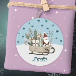 Boho Santa op slee met cadeaus Sneeuwvlokken Naam Ronde Sticker