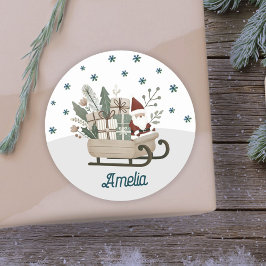 Boho Santa op slee met cadeaus Sneeuwvlokken Naam Ronde Sticker