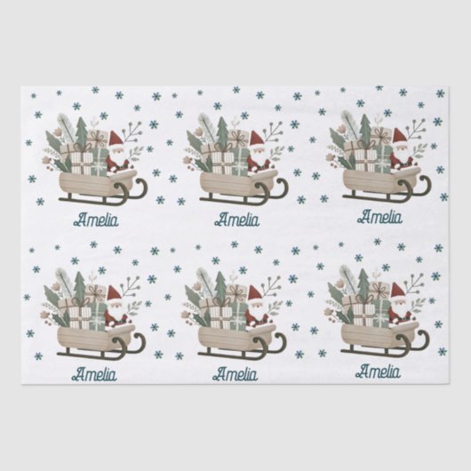 Boho Santa op slee met cadeaus Sneeuwvlokken Naam Tissuepapier (Voorkant)
